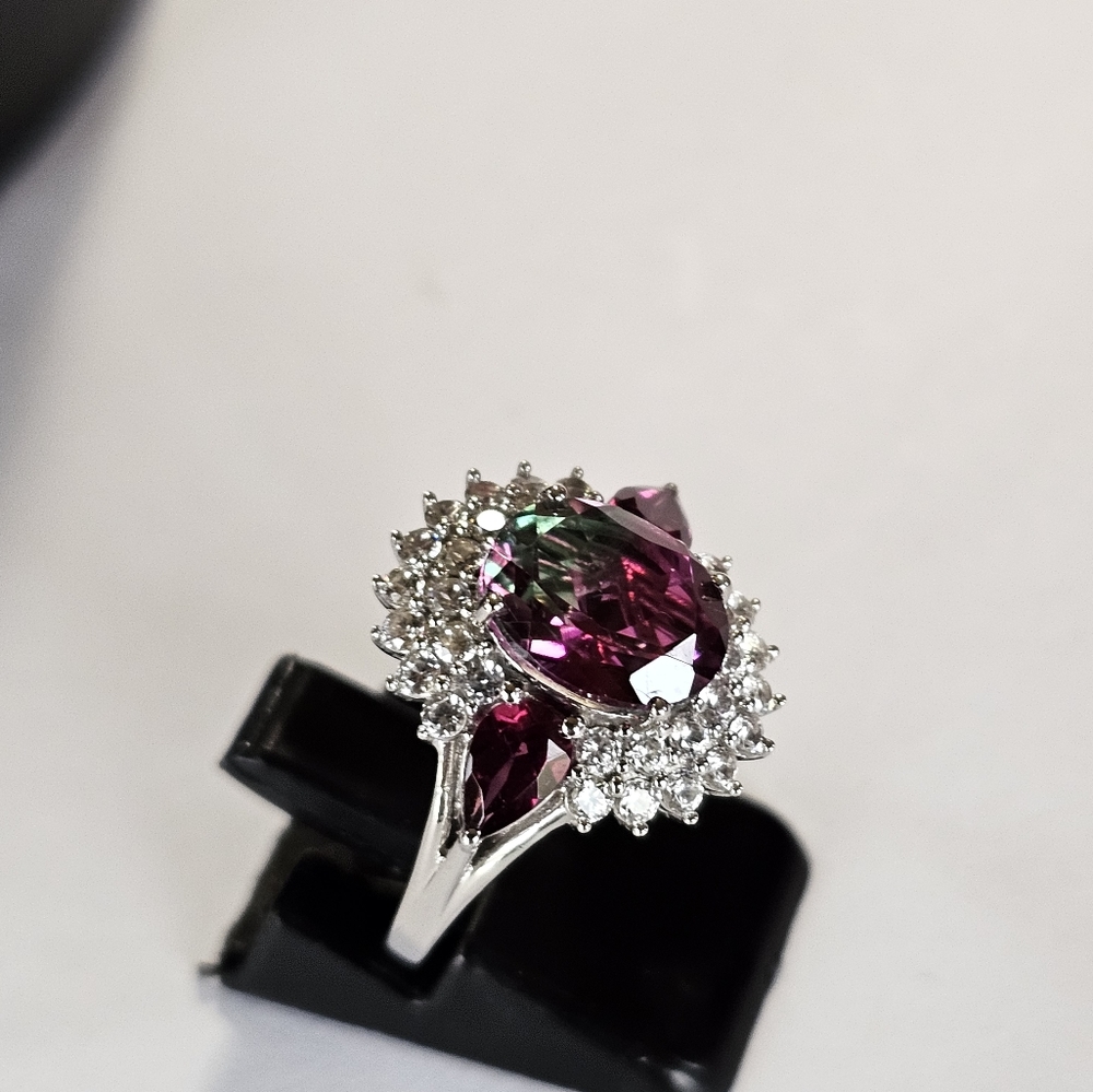 Genuine Watermelon Quartz & Multi Gemstone Ring Platinum over 925 Sz 6! - Picture 7 of 13